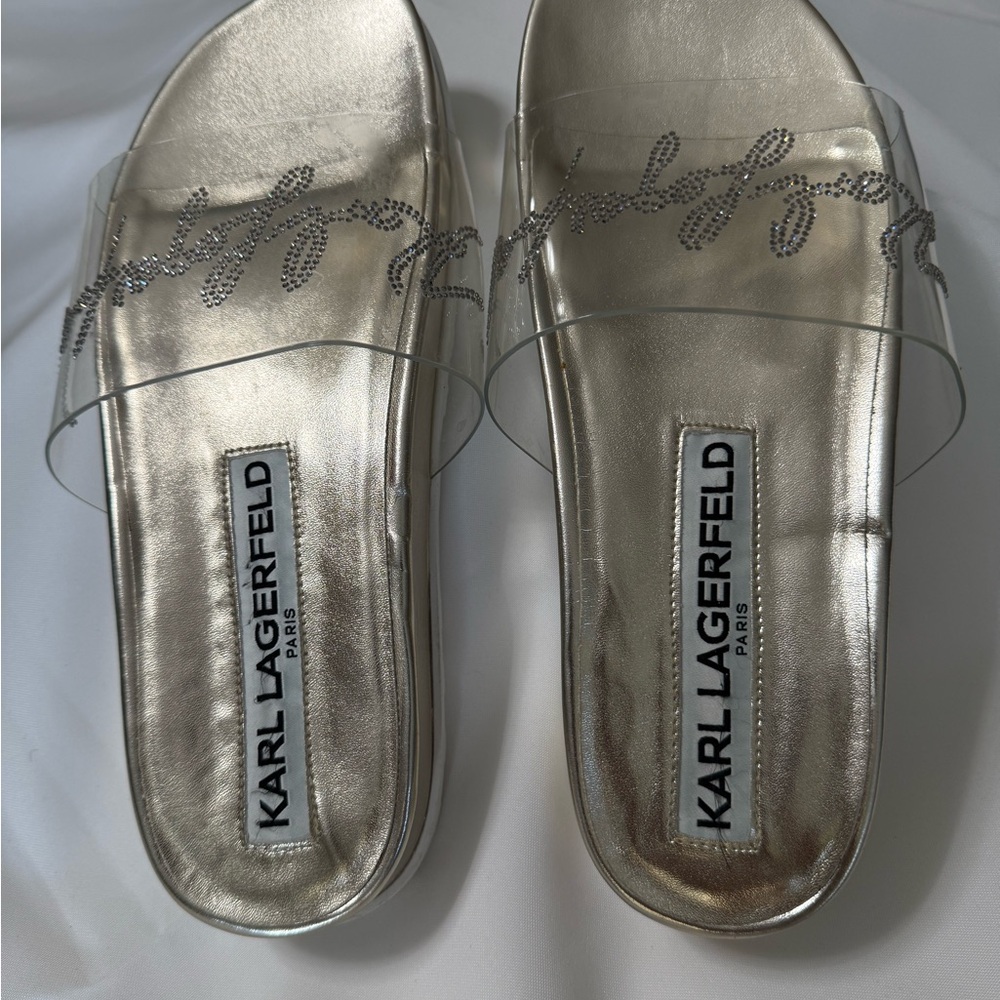 Karl Lagerfeld Metallic Silver Slide Sandals